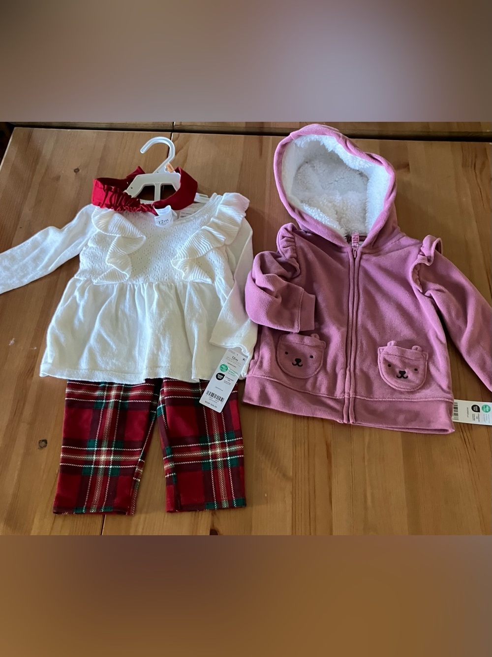 NEW CartersHoliday Outfit Set - Cream Top, Red Plaid Pants & Mauve Hooded Jacket